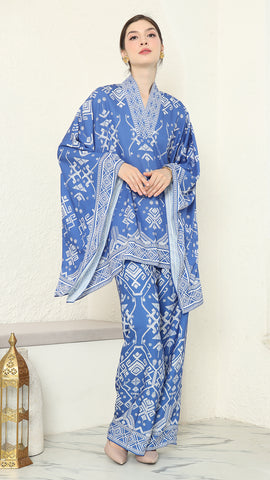 Blue V-neck Songket Pants Set