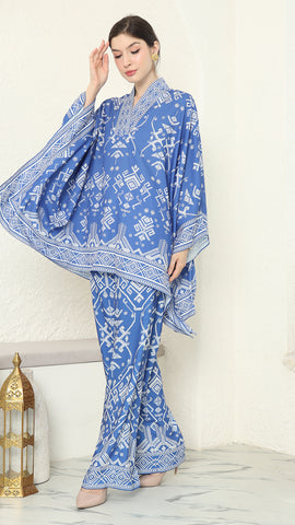 Blue V-neck Songket Pants Set