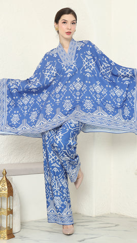 Blue V-neck Songket Pants Set