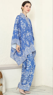 Blue V-neck Songket Pants Set