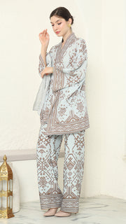 Mint Brown V-neck Songket Pants Set