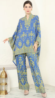 Blue Lime V-neck Songket Pants Set