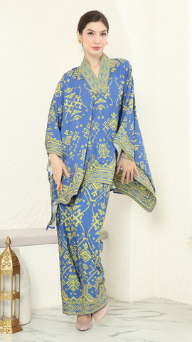 Blue Lime V-neck Songket Pants Set