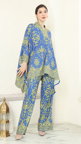 Blue Lime V-neck Songket Pants Set