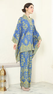 Blue Lime V-neck Songket Pants Set