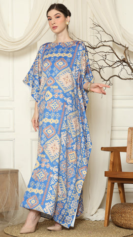 Blue Ikat Gold Short Sleeve Kaftan