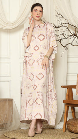 Dusty Pink Ikat Gold Short Sleeve Kaftan