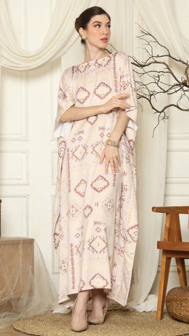 Dusty Pink Ikat Gold Short Sleeve Kaftan