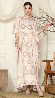 Dusty Pink Ikat Gold Short Sleeve Kaftan