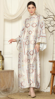 Light Grey Ikat Gold Long Sleeve Dress