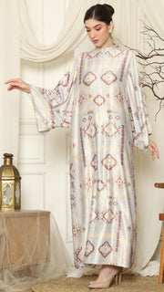 Light Grey Ikat Gold Long Sleeve Dress