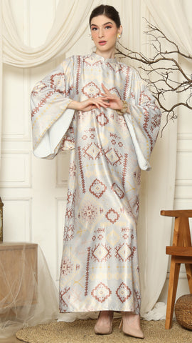 Light Grey Ikat Gold Long Sleeve Dress