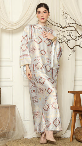 Light Grey Ikat Gold Long Sleeve Dress