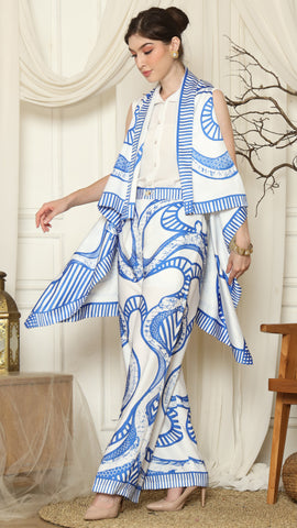 Blue White Abstract Batik Vest Set