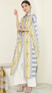 Yellow Grey Button Kaftan