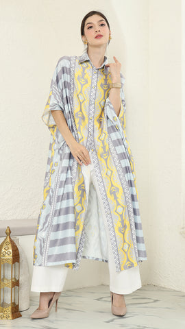 Yellow Grey Button Kaftan