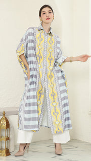 Yellow Grey Button Kaftan