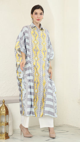 Yellow Grey Button Kaftan