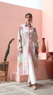 Pink Geometric Kanzi 3/4 Sleeve Traditional Collared Kaftan