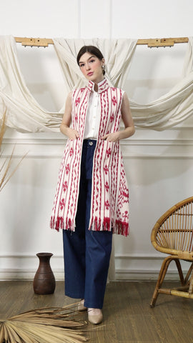 Red and White Ikat Vest with fringes