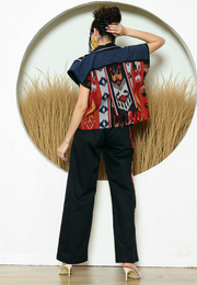 Red Ikat Short Cape With Detail Stiched