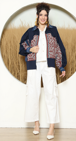 Brown Blue Tribal Handwoven Ikat Bomber Jacket