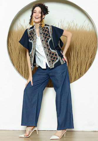 Black Tribal Ikat Vest Bomber