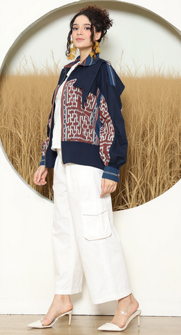 Brown Blue Tribal Handwoven Ikat Bomber Jacket