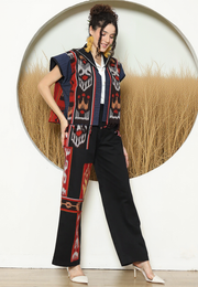 Red Ikat Short Cape With Detail Stiched