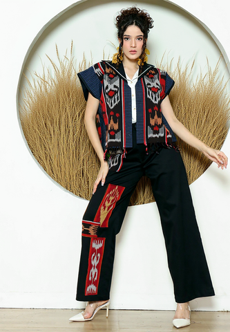 Red Ikat Short Cape With Detail Stiched