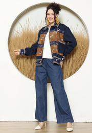 Blue Brown Tribal Handwoven Ikat Bomber Jacket