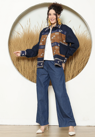 Blue Brown Tribal Handwoven Ikat Bomber Jacket