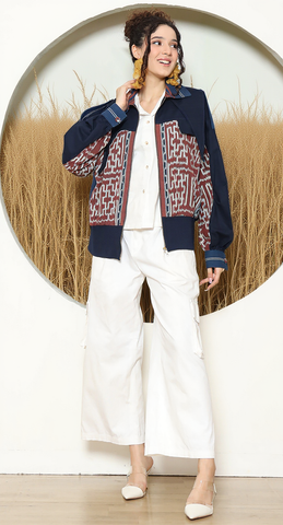 Brown Blue Tribal Handwoven Ikat Bomber Jacket