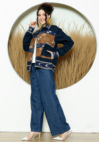 Blue Brown Tribal Handwoven Ikat Bomber Jacket