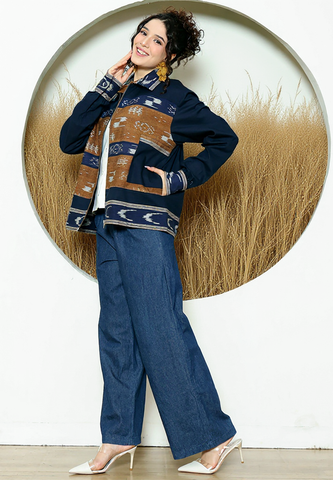 Blue Brown Tribal Handwoven Ikat Bomber Jacket