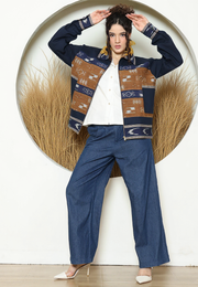 Blue Brown Tribal Handwoven Ikat Bomber Jacket