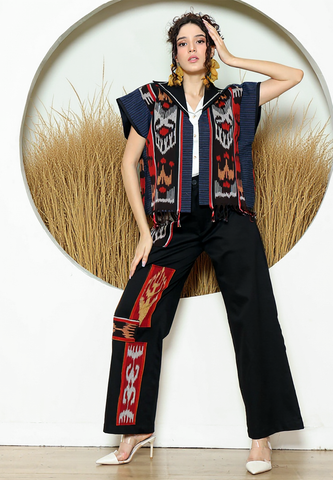 Red Ikat Short Cape With Detail Stiched