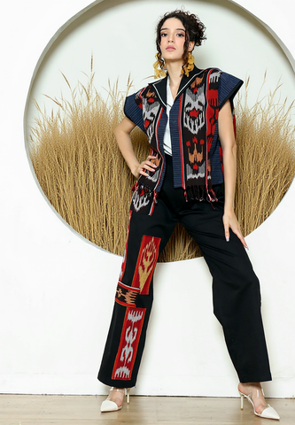 Red Ikat Short Cape With Detail Stiched