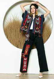 Red Ikat Short Cape With Detail Stiched