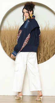 Brown Blue Tribal Handwoven Ikat Bomber Jacket