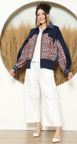 Brown Blue Tribal Handwoven Ikat Bomber Jacket