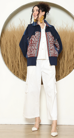 Brown Blue Tribal Handwoven Ikat Bomber Jacket