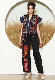 Red Ikat Short Cape With Detail Stiched