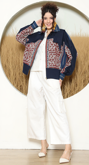 Brown Blue Tribal Handwoven Ikat Bomber Jacket