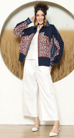 Brown Blue Tribal Handwoven Ikat Bomber Jacket