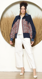 Brown Blue Tribal Handwoven Ikat Bomber Jacket