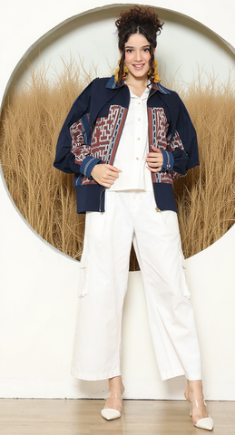 Brown Blue Tribal Handwoven Ikat Bomber Jacket