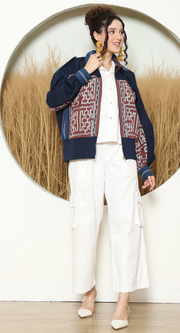 Brown Blue Tribal Handwoven Ikat Bomber Jacket