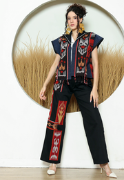 Red Ikat Short Cape With Detail Stiched