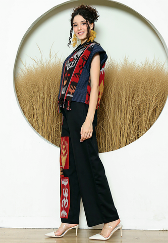 Red Ikat Short Cape With Detail Stiched